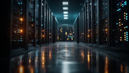 Large computer server room with many servers and lights. The room is dimly lit, creating a sense of mystery