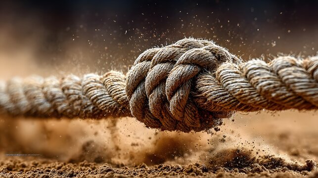 Close Up of a Knotted Rope Symbolizing Strength Resilience and Connection A powerful image showcasing a thick rope tied in a complex knot surrounded by particles evoking themes of unity and endurance