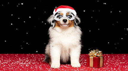 santa puppy posing with christmas gift on red snow background concept of holiday pets care winter marketing