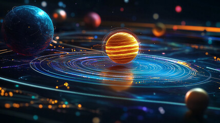 A holographic solar system floating in mid-air, with glowing planets, orbit lines, and shimmering light projections creating a futuristic sci-fi display.