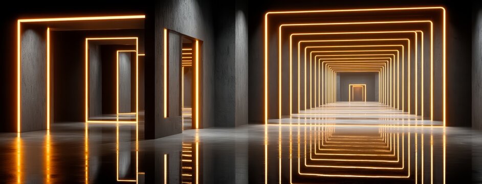 Long, empty hallway with a mirror on the wall and orange lights illuminating the space. The hallway is dimly lit