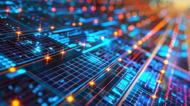 high-tech solar panel arrays with glowing data analytics holograms showing market growth and energy production stats - Powered by Adobe