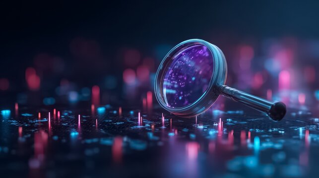 Magnifying glass is on a dark background with a lot of dots. The dots are in different colors and sizes