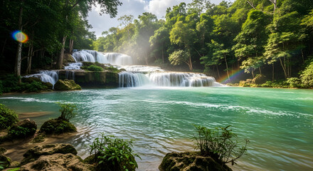 Cascading turquoise oasis: tropical waterfall with emerald pool and lush rainforest backdrop