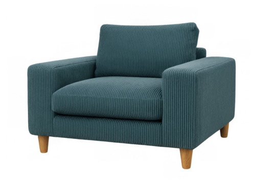 Teal corduroy armchair with wooden legs, modern furniture design, comfortable seating element for home interiors