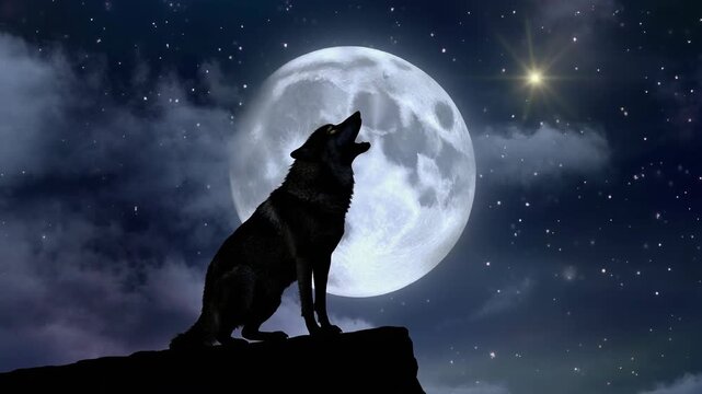 Howling wolf silhouette under a full moon