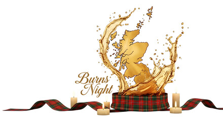 Burns night celebration with whiskey splash and candles on black