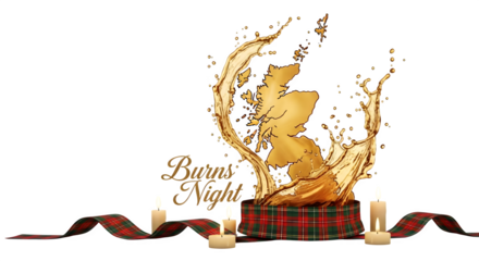 Burns night celebration with whiskey splash and candles on black