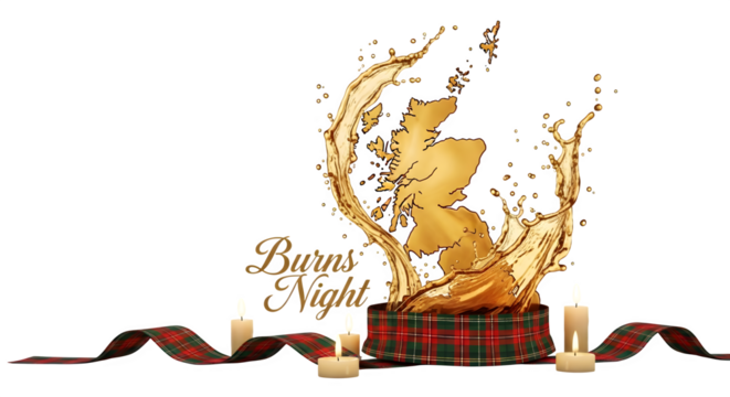 Burns night celebration with whiskey splash and candles on black