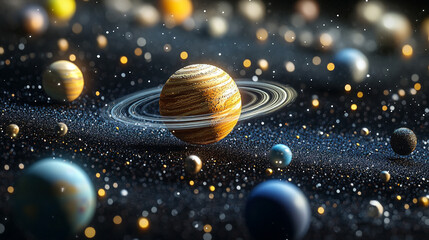 A holographic solar system floating in mid-air, with glowing planets, orbit lines, and shimmering light projections creating a futuristic sci-fi display.