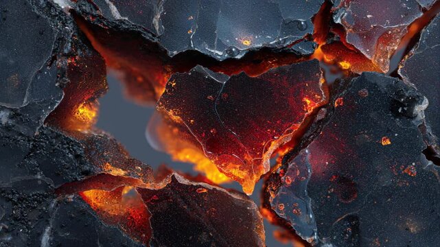 Volcanic rock fractures reveal glowing lava beneath, highlighting the intense heat and unique textures, camera zooms in to capture vivid colors and intricate patterns