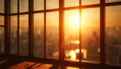 Fototapeta premium Window with a city view and the sun shining through it. The sun is setting and the city is lit up