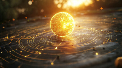 A holographic solar system floating in mid-air, with glowing planets, orbit lines, and shimmering light projections creating a futuristic sci-fi display.