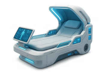 Futuristic medical bed for health diagnostics displaying advanced technology on a transparent background