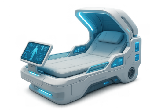 Futuristic medical bed for health diagnostics displaying advanced technology on a transparent background - Powered by Adobe