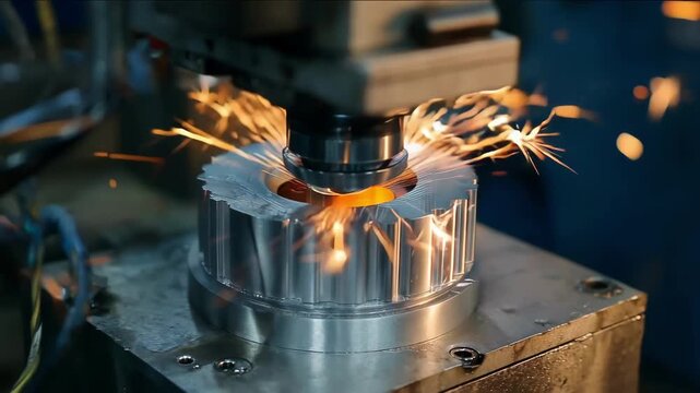 Medium shot capturing the laser heat treatment process forming a grid pattern on an industrial part to optimize thermal distribution and surface hardness.