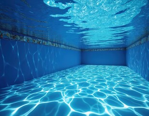Underwater view of empty clean blue swimming pool. Sunlight creates vibrant rippling light patterns on floor, walls. Clear water surface shows detailed dolphin border tiles. Tranquil aquatic scene,