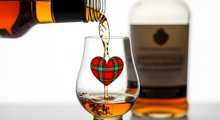 Pouring whiskey into a glass with a tartan heart design