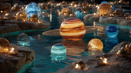 A holographic solar system floating in mid-air, with glowing planets, orbit lines, and shimmering light projections creating a futuristic sci-fi display.