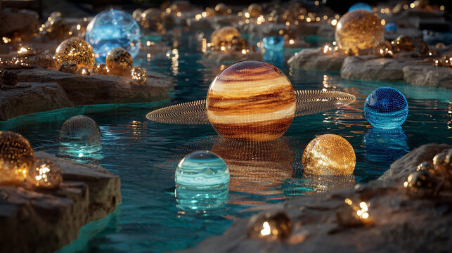 A holographic solar system floating in mid-air, with glowing planets, orbit lines, and shimmering light projections creating a futuristic sci-fi display.