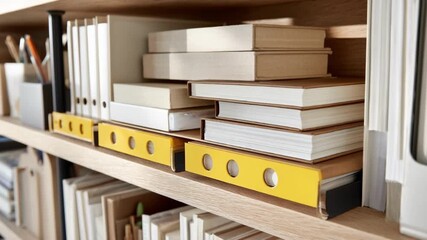 Closeup of size variation shelves in a home office featuring easytomove dividers for personalized arrangement of books and supplies.
