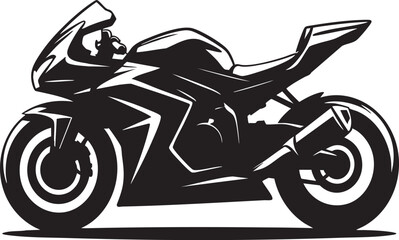 A stylized black sport motorcycle is depicted in a side profile, showcasing its aerodynamic design and powerful silhouette.
