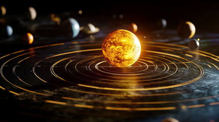 A holographic solar system floating in mid-air, with glowing planets, orbit lines, and shimmering light projections creating a futuristic sci-fi display.