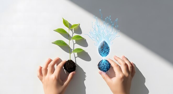 Childs hands holding a green seedling and a glowing digital circuit seedling on a white background, symbolizing Generation Alphas dual growth, technology integration and ecological balance.