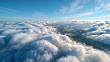Point of view flying through bright white clouds toward a distant ground below, creating a cinematic aerial descent with depth, motion, and a sense of speed and freedom in open sky.
