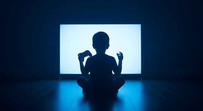 Silhouette of a child sitting cross-legged on the floor holding a controller in front of a brightly glowing screen, symbolizing Generation Alphas deep digital immersion, screen time focus,
 - Powered by Adobe