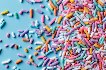 Fototapeta premium Colorful pastel sugar sprinkles scattered across a blue background for a playful baking or celebration theme.