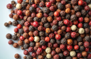 Mix of colorful peppercorns on white backdrop. Variety of black green red and white pepper grains. Culinary spices background. Food ingredient macro photo. Close up view