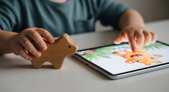 Close-up of a child hands playing with a wooden toy animal and touching a tablet screen, symbolizing Generation Alpha balancing tangible physical play and interactive technology use.
