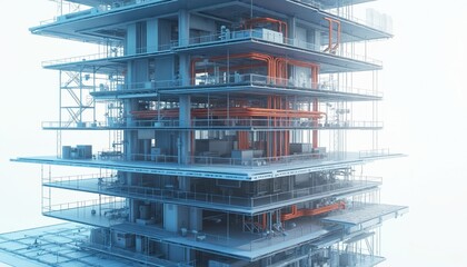 Digital multi story building architecture design. Complex industrial engineering structure blueprint. Modern construction with orange pipes shows tech infrastructure. Futuristic factory model