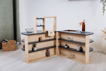 Wooden modular toy kitchen set with shelves, minimal kids furniture for pretend play