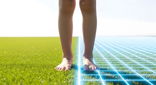 Child bare feet standing on a line dividing green grass physical reality and a blue glowing digital grid, virtual world, symbolizing Generation Alpha balance between real and digital play