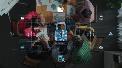 A diverse team engages in collaborative discussions at a modern office, focused on data security and innovative solutions, with visual technology elements enhancing the experience. Raster - Powered by Adobe