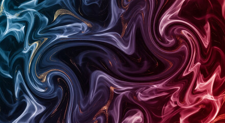 Abstract ink marble design with golden veins swirling liquid texture in blue and red colors unique pattern for fashion wallpaper or backdrop artistic surface