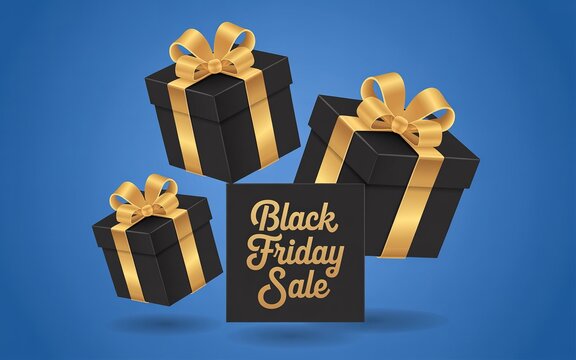 Elegant Black Friday Sale design with golden ribbon presents.