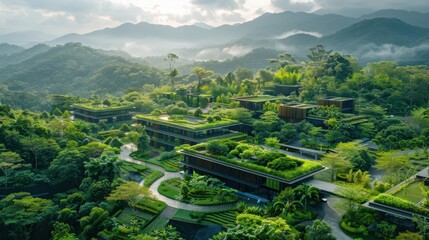 aerial view of smart sustainable logistics center surrounded by nature