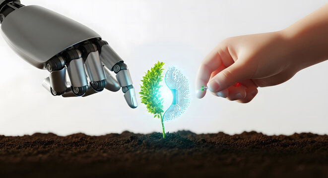 Robot hand and child hand interacting with a small plant whose roots are a digital circuit, symbolizing Generation Alpha's partnership with AI, synthetic growth or sustainable innovation.
- Powered by Adobe