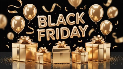 Luxury Black Friday visual showcasing shiny balloons and gift boxes.
