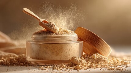 Glass jar filled with natural cosmetic powder, wooden lid and scoop, loose powder scattered around, highlighting organic beauty product and its texture
