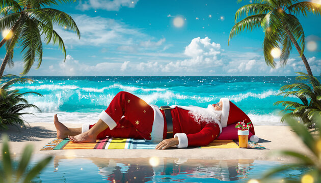 Santa Claus relaxing on a tropical beach wearing a Christmas hat, a fun mix of summer and Christmas.