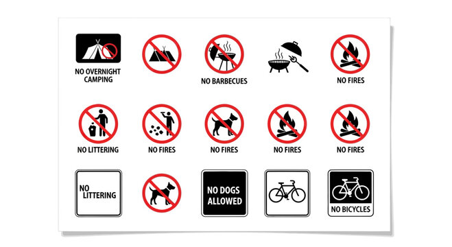 Collection of prohibition signs, including no camping, no barbecues, no fires, no littering, no dogs, and no bicycles, displayed on a white background.