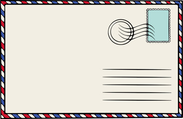 Postal envelope front side. Suitable for mail, communication, stationery, office design. Paper letter. Simple vector color illustration with outline in hand drawn style isolated on white