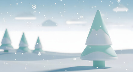 Cute cartoon 3D render simple christmas trees snow falling winter holiday season landscape pastel blue background banner template