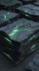 Obraz premium Dark stone slabs are stacked together, featuring glowing green veins that illuminate the textures, creating a captivating and mystical ambiance for creative projects