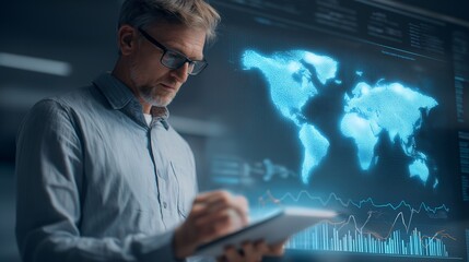 Environmental scientist analyzing global climate data on digital tablet, futuristic world map interface, modern technology, focused expression, innovation in environmental research