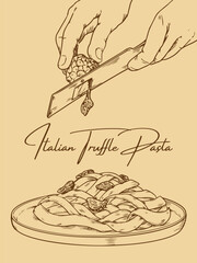 Hand drawn Italian truffle pasta outline drawing illustration